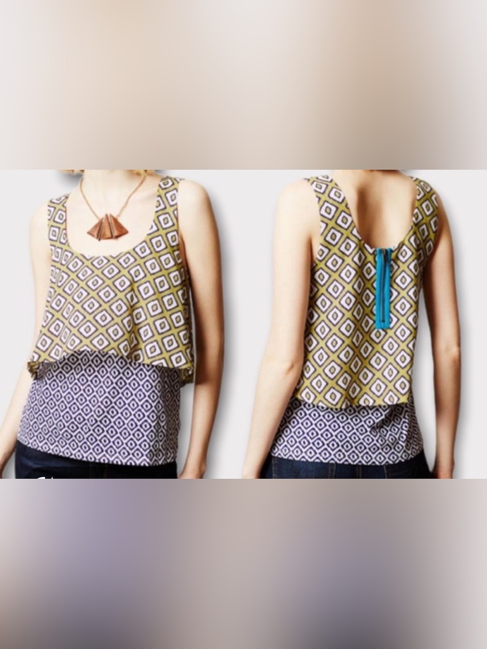 Meadow Rue Olive Geometric Racerback Tank with Teal Zip